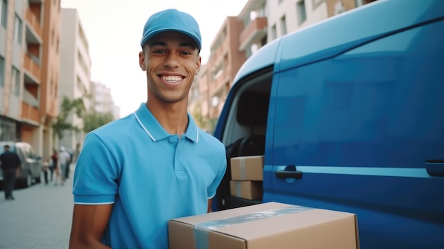 A courier in a blue uniform with a cap with a transport box in his hands stands against the backdrop of city streets next to a Delivery and courier service van Transportation Generative AI