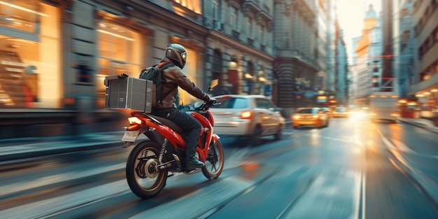 courier delivers parcels around the city on a motorcycle Generative AI