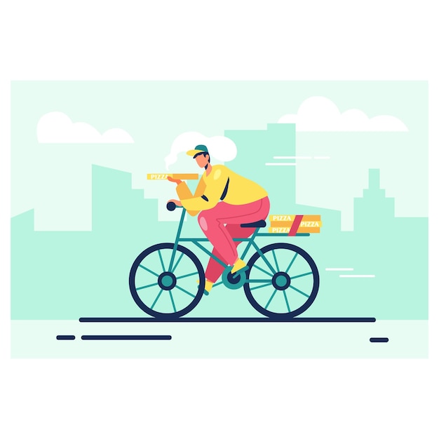 Courier delivery on environmentally friendly transport Male character on bicycle carrying pizza