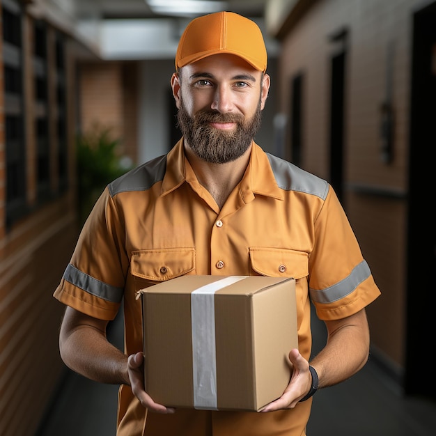 Courier delivery man with box on hand