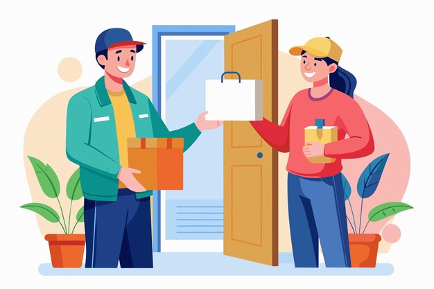 Photo courier gives box to customerdelivery services flat vector illustration