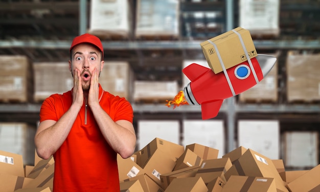 Courier has a wondered expression about a great promotion. Concept of fast delivery like a rocket.