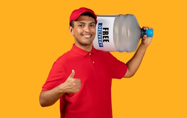 Courier holding big water bottle on shoulder gesturing like studio