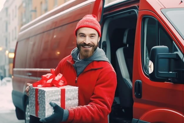 A courier in a red uniform delivered an order for a client on a cargo van