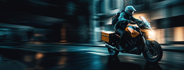 Courier rides a motorcycle at high speed with motion blur copy space Created with Generative Ai technology