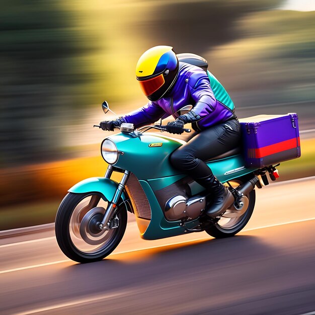 Courier rides a motorcycle motion blur