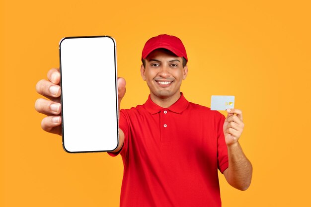 Courier showcasing empty smartphone template and credit card yellow background