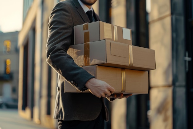 A courier in stylish attire making special deliveries to the doorstep emphasizing the importance of delivering in pristine condition