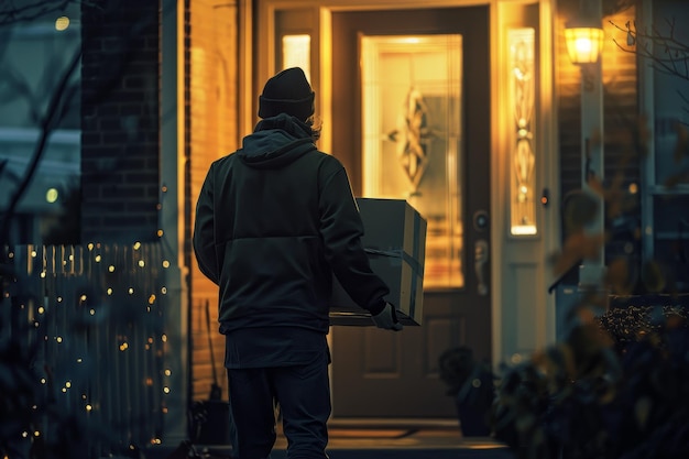 A courier in stylish attire making special deliveries to the doorstep emphasizing the importance of delivering in pristine condition