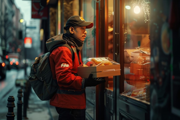 A courier in stylish attire making special deliveries to the doorstep emphasizing the importance of delivering in pristine condition