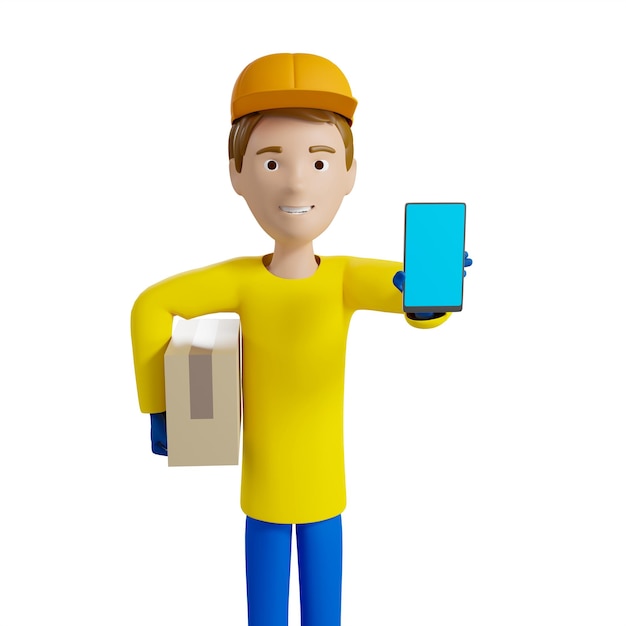 A courier in a yellow T-shirt and a cap holds a cardboard box and a smartphone. He is friendly and smiling. 3d illustration.