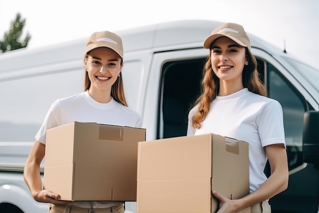 Couriers in uniform preparing the shipment of boxes