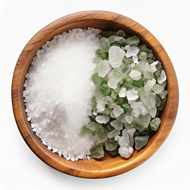 Photo course and fine natural sea salt in wooden bowl isolated on white background top view flat lay