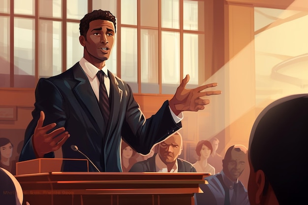 Судебное разбирательство Общественный защитник-мужчина представляет дело и страстно выступает перед судьей присяжных Афро-американский адвокат Адвокат, защищающий невиновных клиента подкрепляющими аргументами