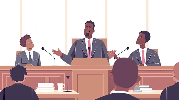 Court of Justice and Law Trial Male Public Defender Presenting Case Making Passionate Speech to Judge Jury African American Attorney Lawyer Protecting Clients Innocents with Supporting Argument