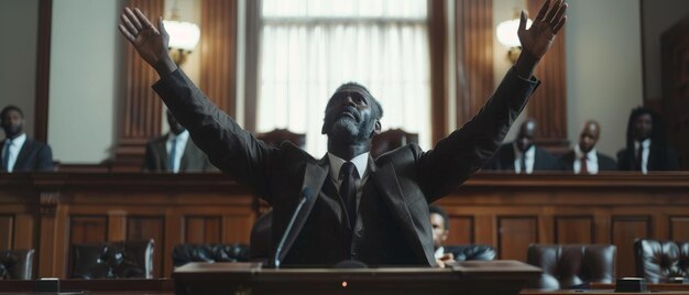 Photo in the court of justice and law trial a male public defender wins the case steps away with raised hands the successful african american attorney lawyer serves justice once again the barrister39s