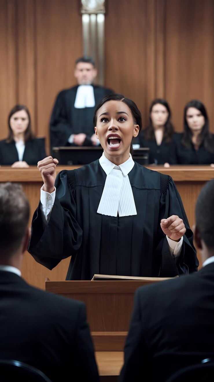 Photo court of justice and law trial successful female prosecutor presenting the case making passionate