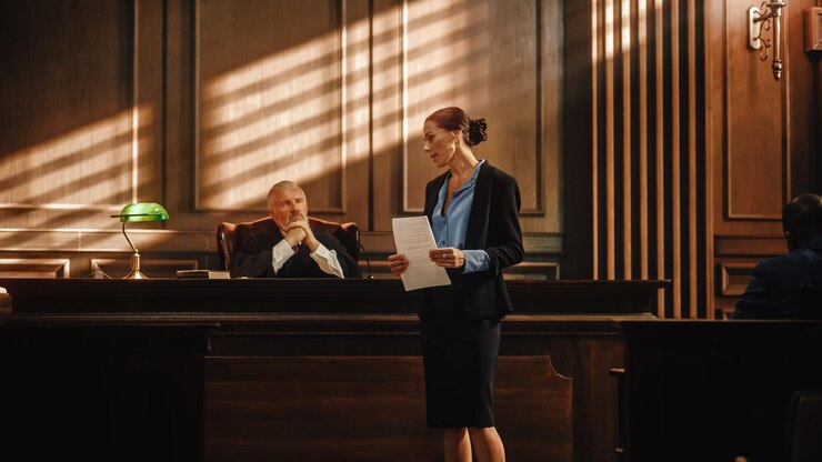 Photo court of justice and law trial successful female public defender presenting the case making passionate speech to judge jury attorney lawyer protecting client with closing not guilty arguments