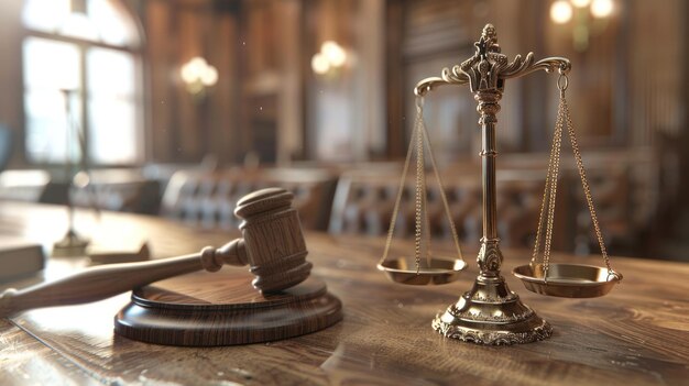 Court of Law and Justice Trial Scales of justice and judge gavel on the table Focus on Mallet Hammer closeup