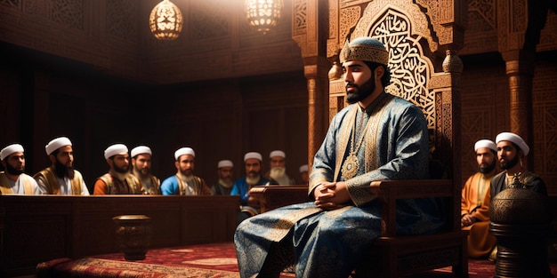 A court room with islamic art a man with a turbant sitted in a throne