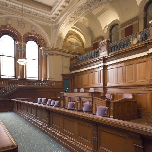 A court room with a wooden bench and a window with a painting on it.