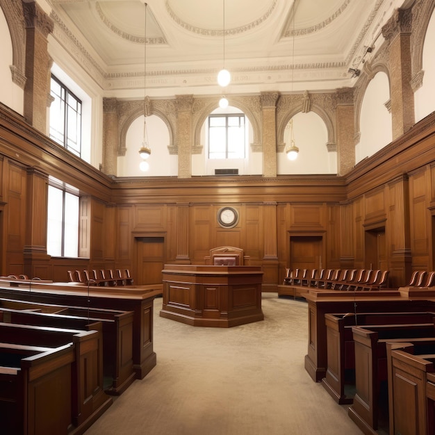 A court room with a wooden desk and a clock on the wall.