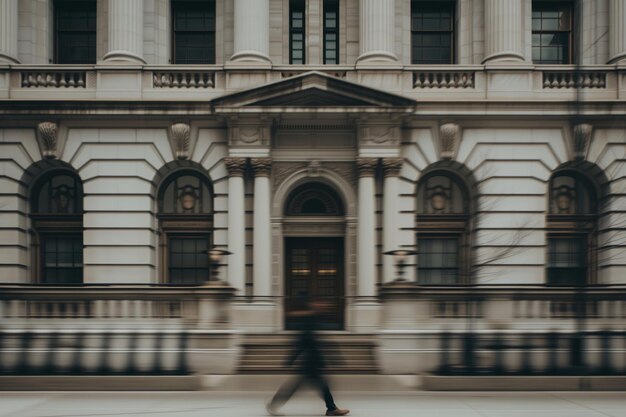 写真 裁判所の正面は動きでぼやけている通りを歩く人と