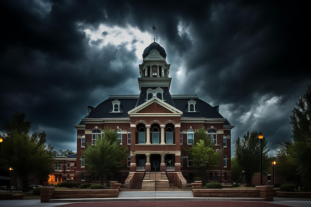A Courthouse Shrouded in Dark Clouds Ominous Atmosphere