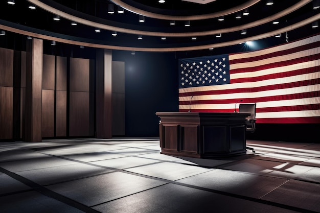 A courtroom with a podium and an american flag