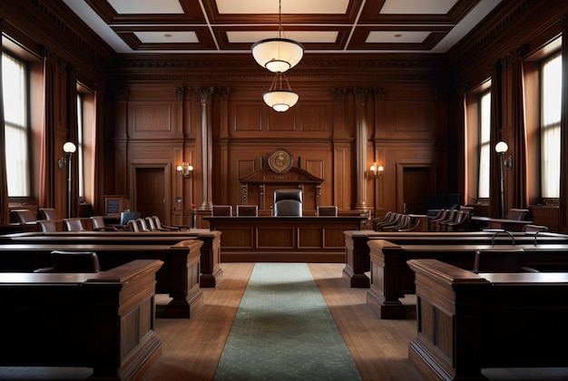 Photo a courtroom with seats in front of the judicial chamber