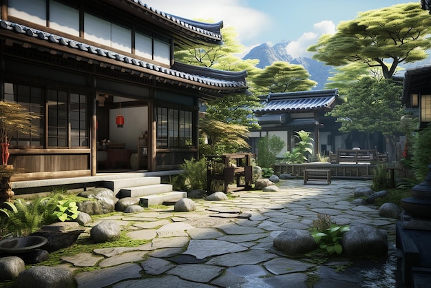 The courtyard of a Japanesestyle wooden house