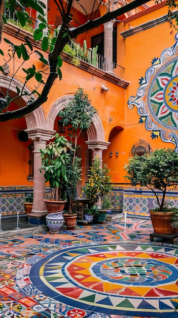 Двор в Мехико с красочными плитками и фонтанами, окруженными арками и растениями