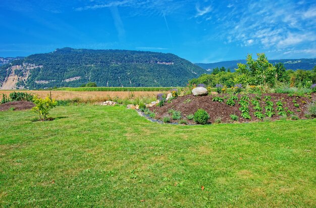 Courtyard in a Swiss village in Yverdon les Bains in Jura Nord Vaudois district of Canton Vaud, Switzerland.