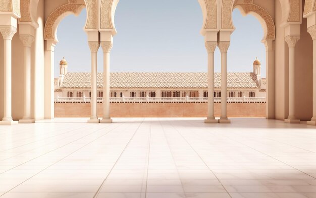 A courtyard with arches and a blue sky