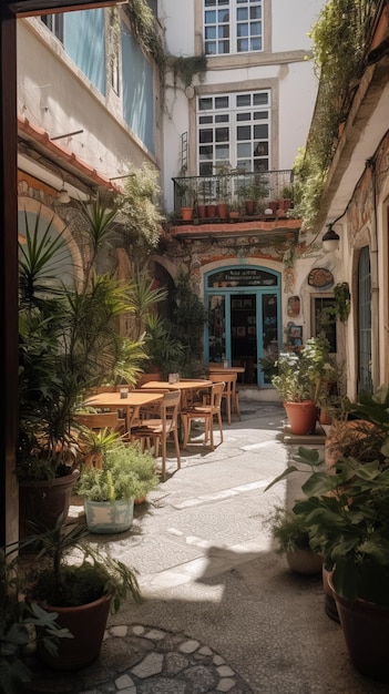 A courtyard with a blue door and a balcony with plants on it.