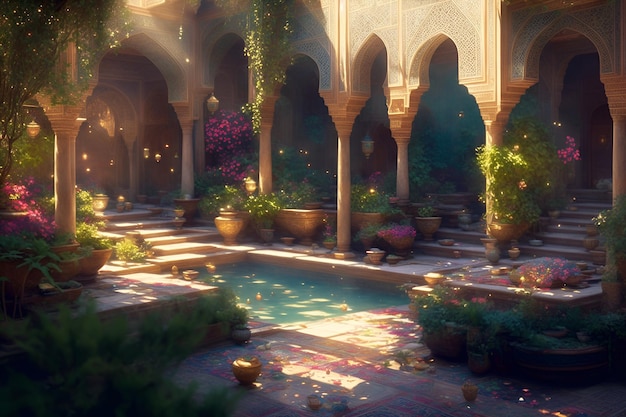 A courtyard with columns and a pool in the middle.