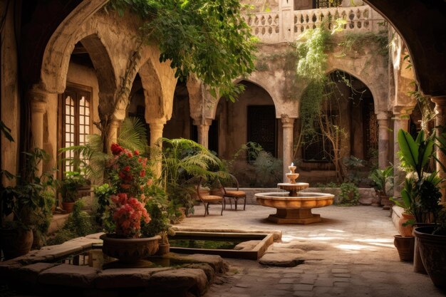 A courtyard with a fountain and flowers in the foreground.