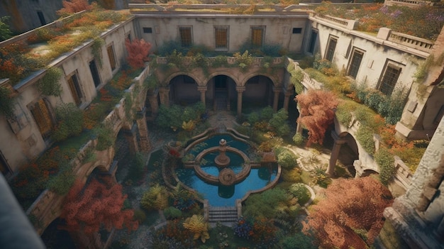 A courtyard with a fountain and a fountain in the center.