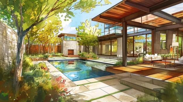 Photo courtyard with a lap pool fitnessoriented design clean lines serene setting detailed and inviting illustration generative ai