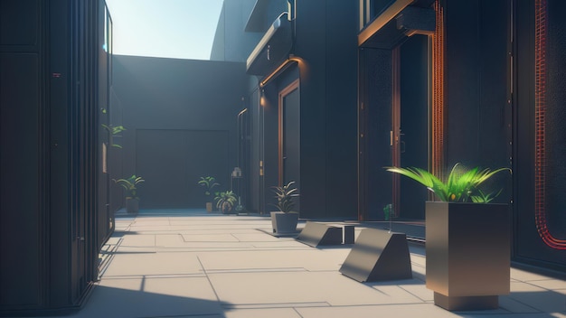 A courtyard with a planter and a house in the background