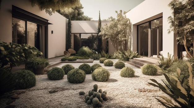 A courtyard with a planter and a planter with a cactus plant in the center.