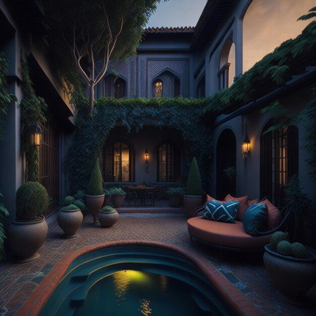 A courtyard with a pool and a couch with pillows and a planter.