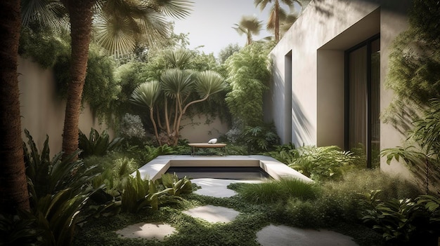 A courtyard with a pool in the middle of a lush green garden.