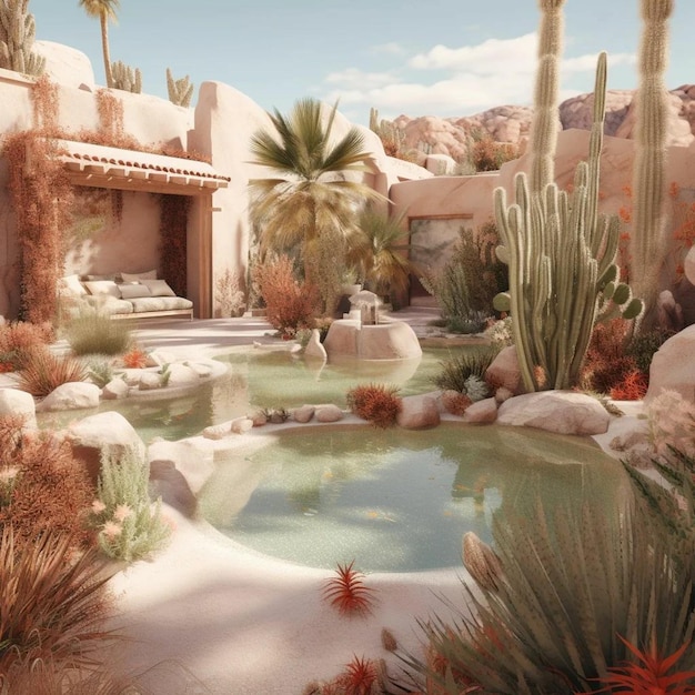 A courtyard with a pool and plants in the desert.