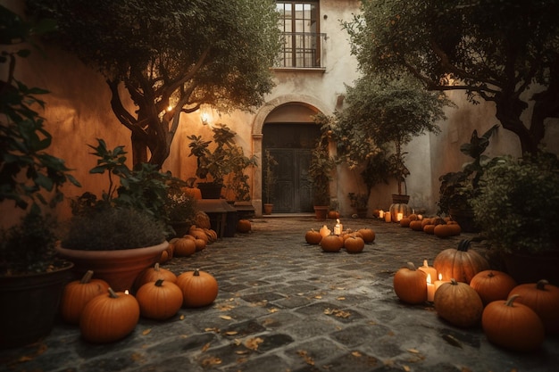 A courtyard with pumpkins and trees in the background.