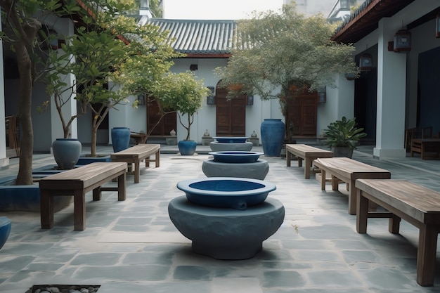 A courtyard with several blue vases and a white building