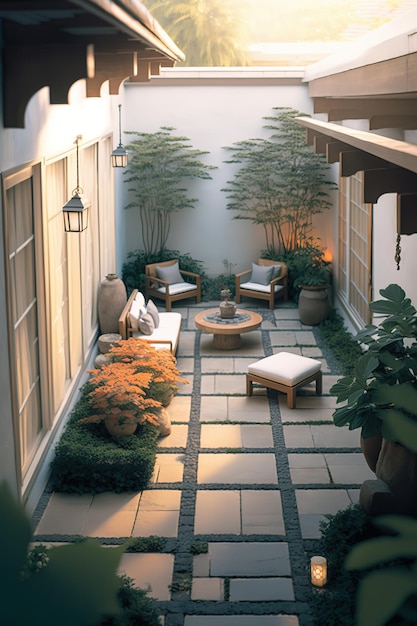 A courtyard with a small patio with a small table and chairs.