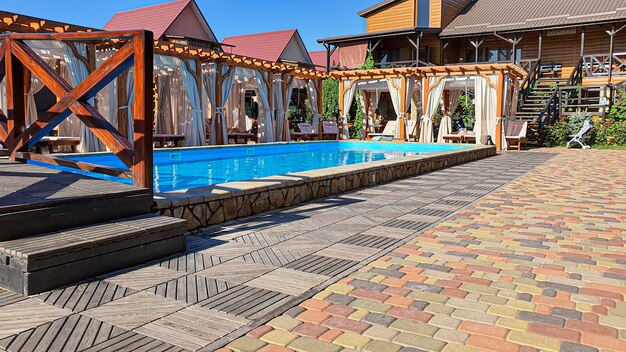 A courtyard with a swimming pool