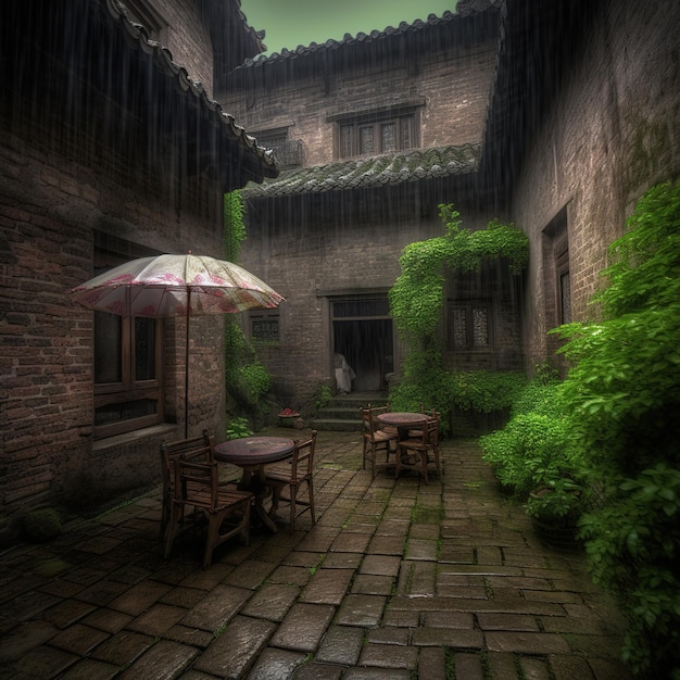 A courtyard with a table and chairs and a umbrella on it.