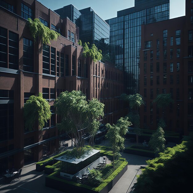 Photo a courtyard with a tree and a building in the background